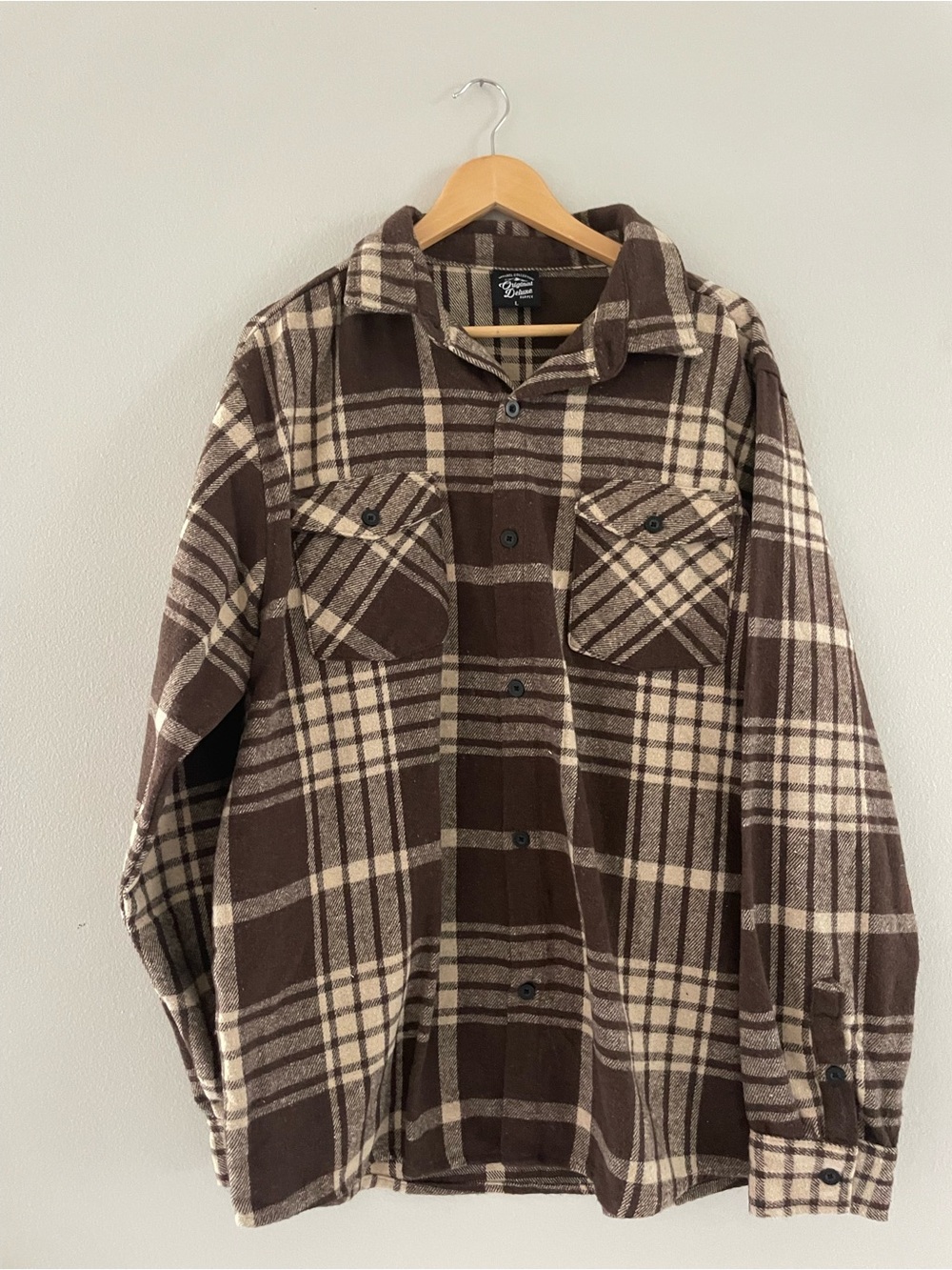 Mens Original Deluxe Brown & Cream Plaid Button-Down Flannel Shirt